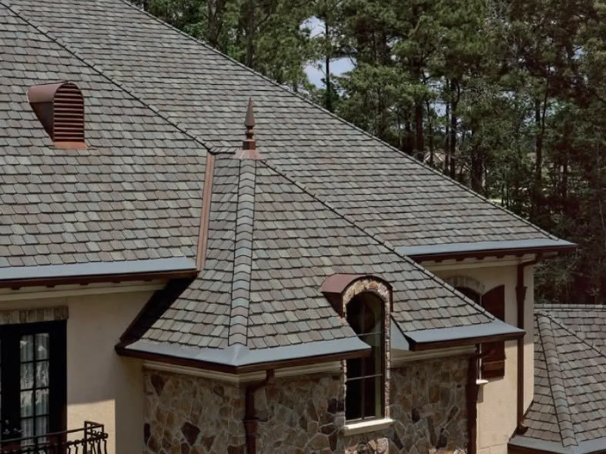 Luxury composite slate roofing with copper accents on Pasadena estate